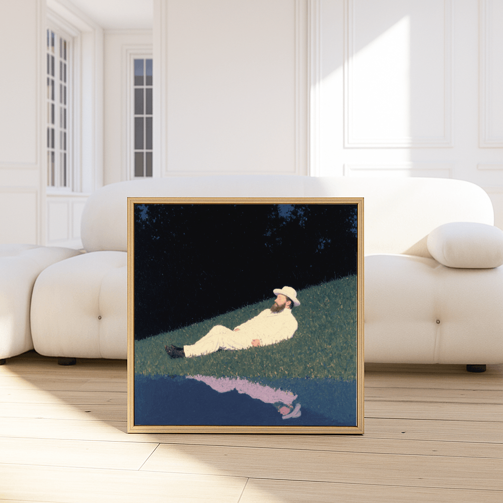 Modernes Poster Night Reflection mit entspannender Darstellung einer Person auf grünem Gelände