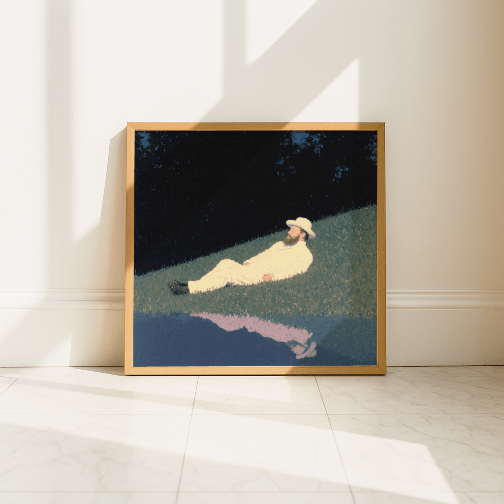 Modernes Poster Night Reflection mit einer entspannenden Figur auf einer Wiese im Sonnenlicht