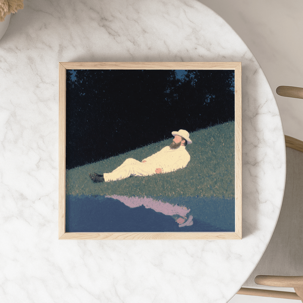 Modernes Poster Night Reflection mit einer Person, die entspannt auf einer Wiese liegt und sich im Wasser spiegelt