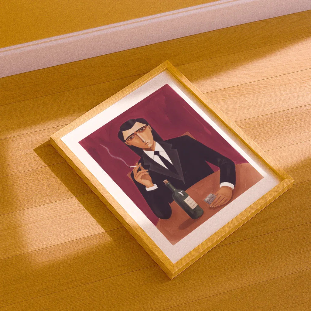 Modernes Poster rauchender Mann im Anzug, entspannt mit einem Getränk in der Hand