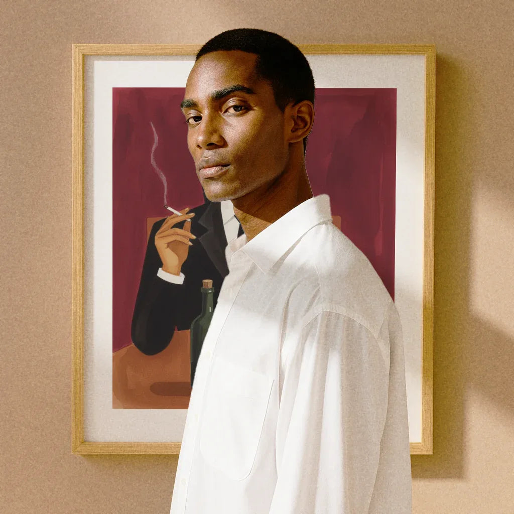  modernes Poster rauchender Mann im Hintergrund mit stilvollem Porträt und eleganter Person im Vordergrund