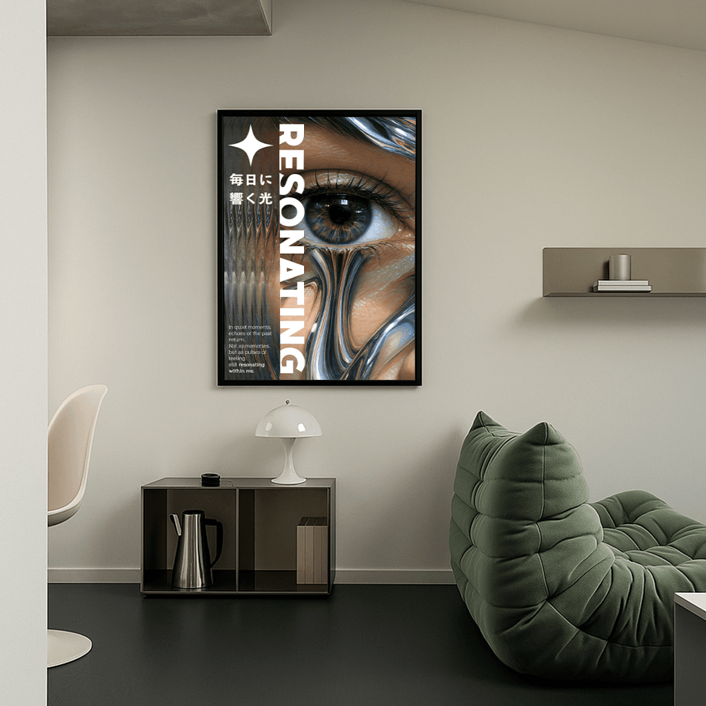Modernes Poster Resonating mit künstlerischem Augenmotiv in stylischem Wohnraum