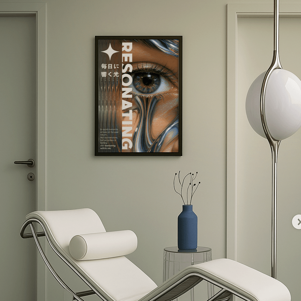 Modernes Poster Resonating mit auffälligem Augenmotiv in stilvollem Wohnraum