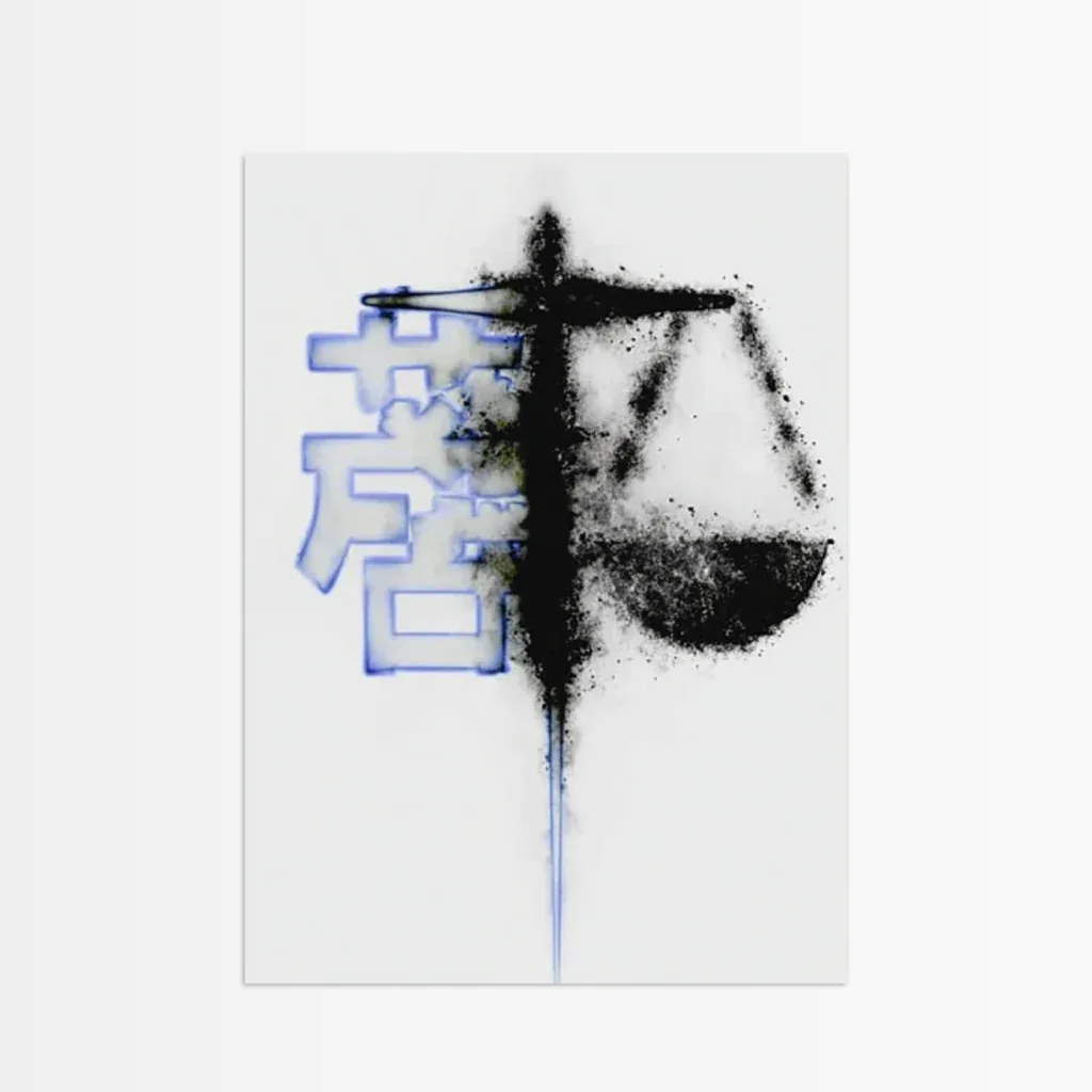 Modernes Poster Waage mit künstlerischem Design und abstrahierter Darstellung der Gerechtigkeit