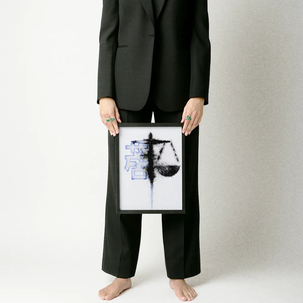 Elegantes modernes Poster Waage in einem Rahmen, präsentiert von einer Person in formeller Kleidung