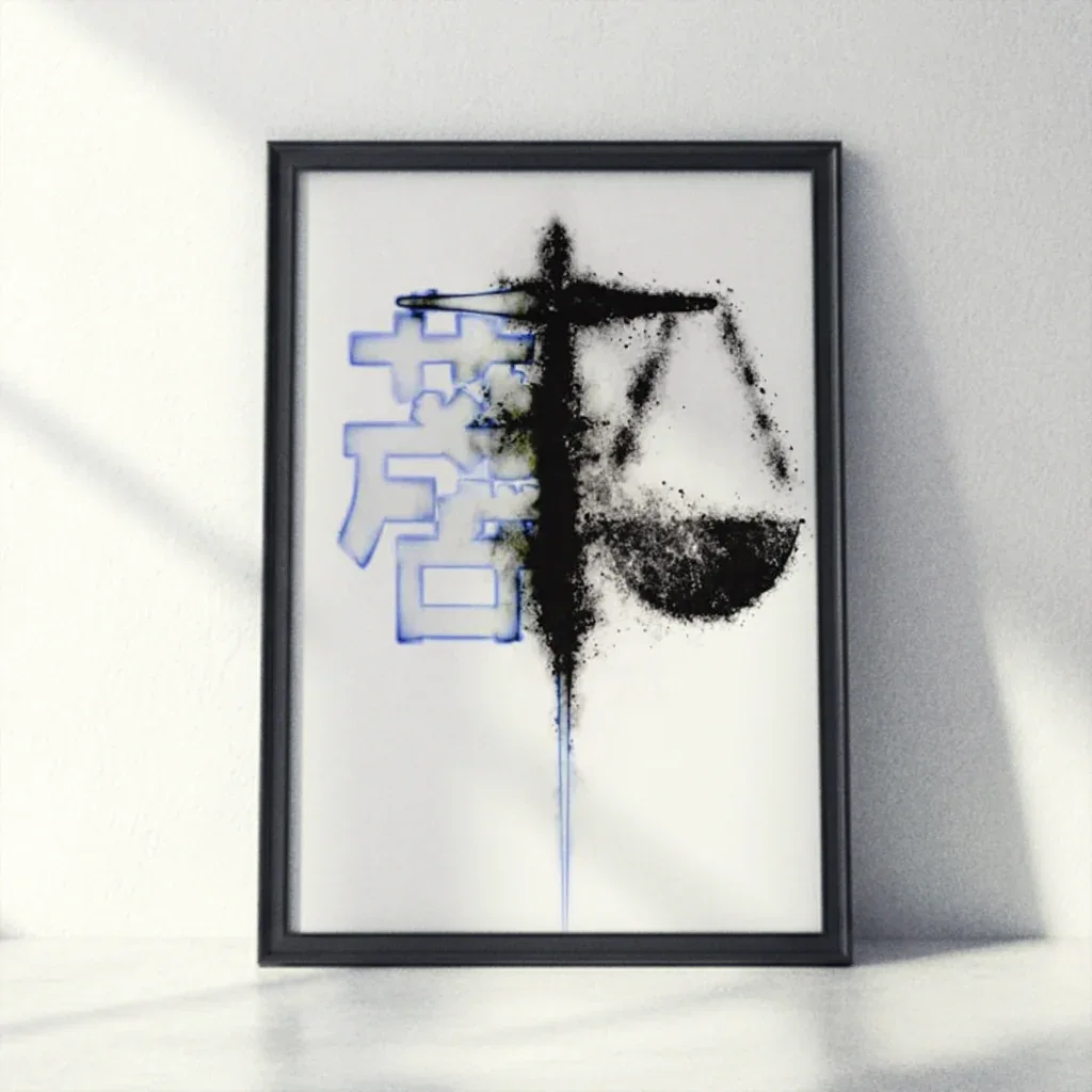 Moderner Poster Waage mit künstlerischem Design und abstrakten Elementen in einem eleganten Rahmen