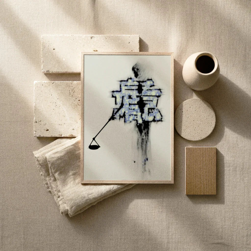 Modernes Poster Wohnzimmer mit künstlerischem Design und minimalistischem Rahmen auf einem neutralen Hintergrund