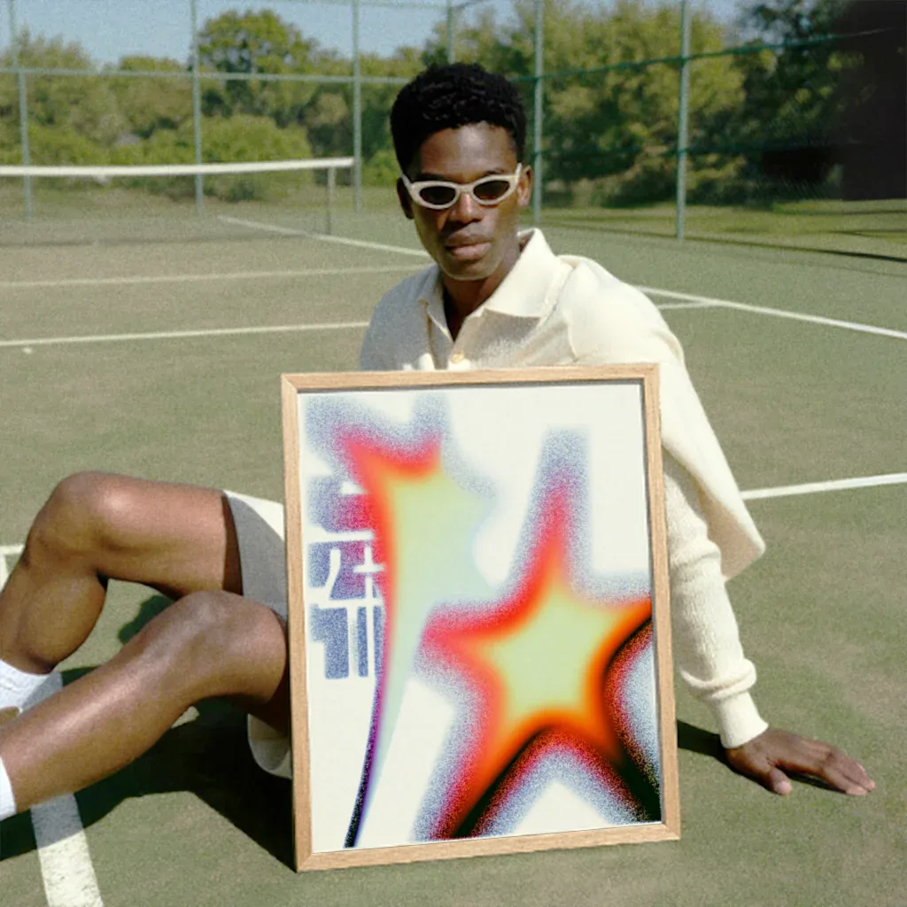 Modernes Stern Poster in einem Holzrahmen, präsentiert von einem modischen Model auf einem Tennisplatz