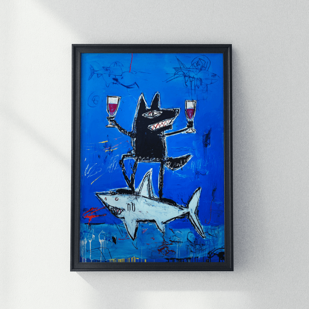 Modernes Wolf und Hai Poster mit buntem Design und fröhlichem Charakter, ideal für kreative Räume