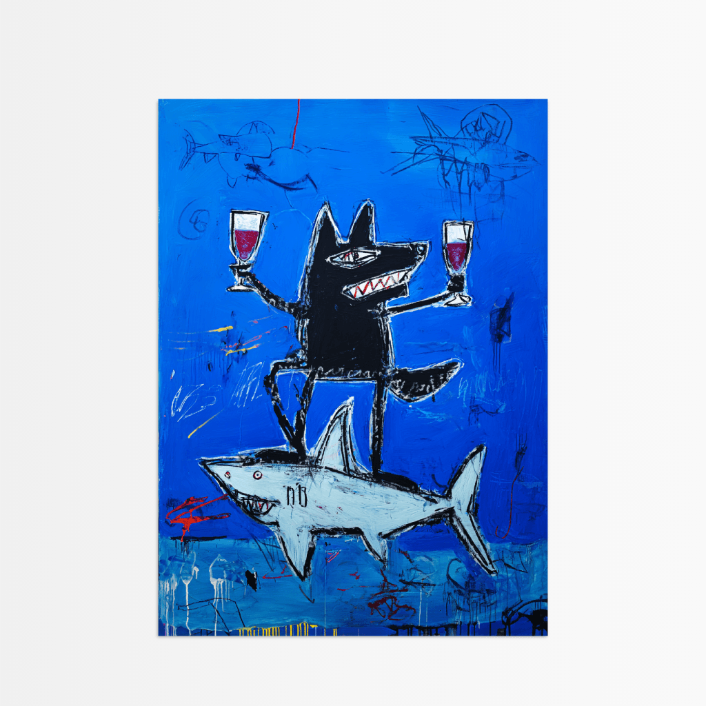 Modernes Wolf und Hai Poster mit lebhaften Farben und künstlerischem Design von The Secret Gallery