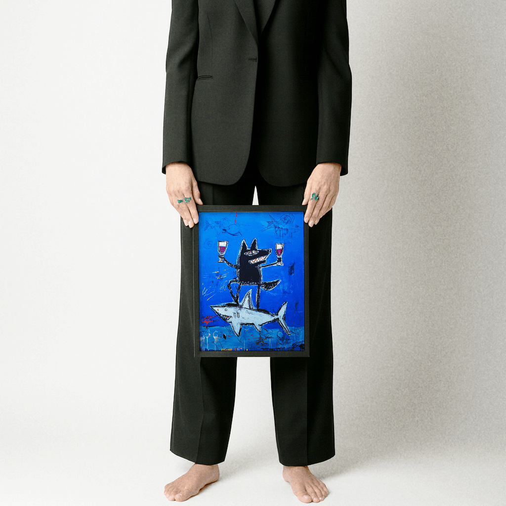 Person in schwarzem Anzug hält modernes Wolf und Hai Poster in der Hand mit buntem, künstlerischem Design