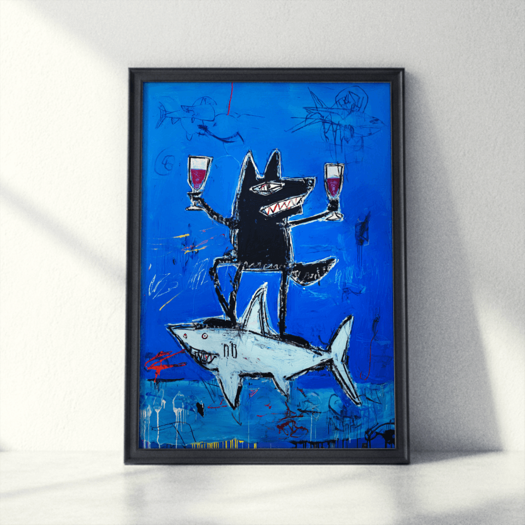 Modernes Wolf und Hai Poster mit buntem Design und humorvollem Motiv für zeitgenössische Wanddekoration