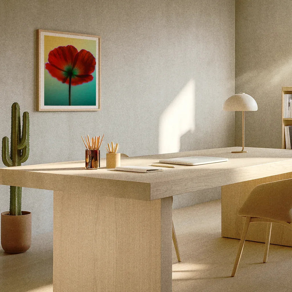 Mohnblumen Poster in einem stilvollen Arbeitszimmer mit minimalistischer Einrichtung