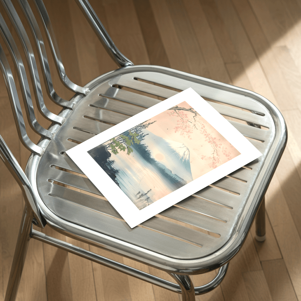 Mount Fuji Poster auf einem modernen Stuhl mit sanften Farben und blühenden Kirschbäumen