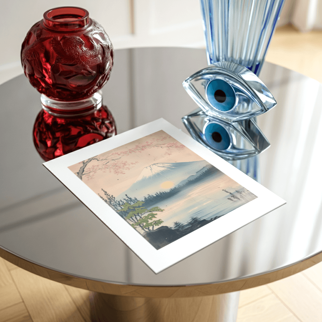 Mount Fuji Poster mit sanften Farben und Kirschblüten auf einem stilvollen Tisch