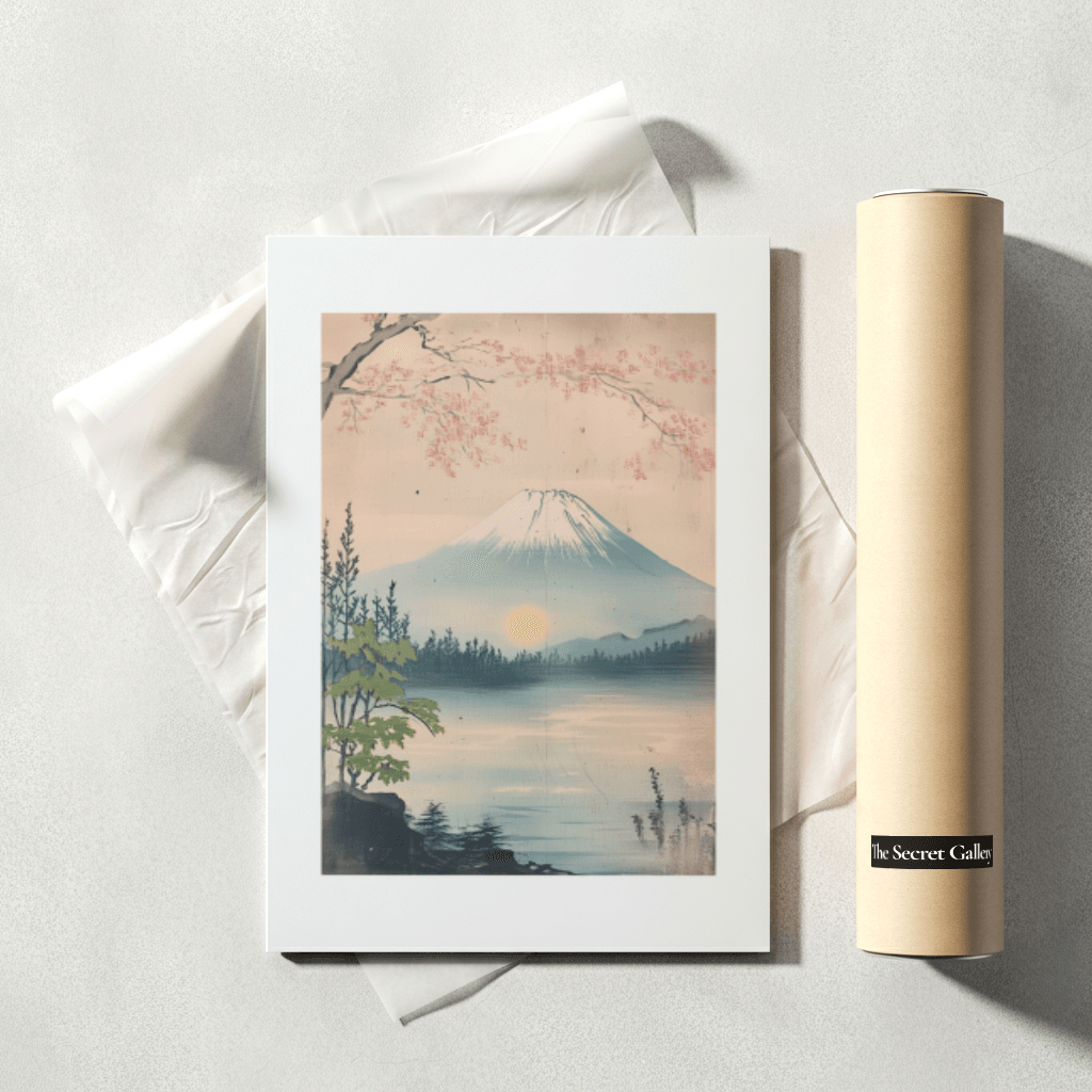 Mount Fuji Poster mit sanften Farben und Naturmotiven, perfekt für eine stilvolle Wanddekoration
