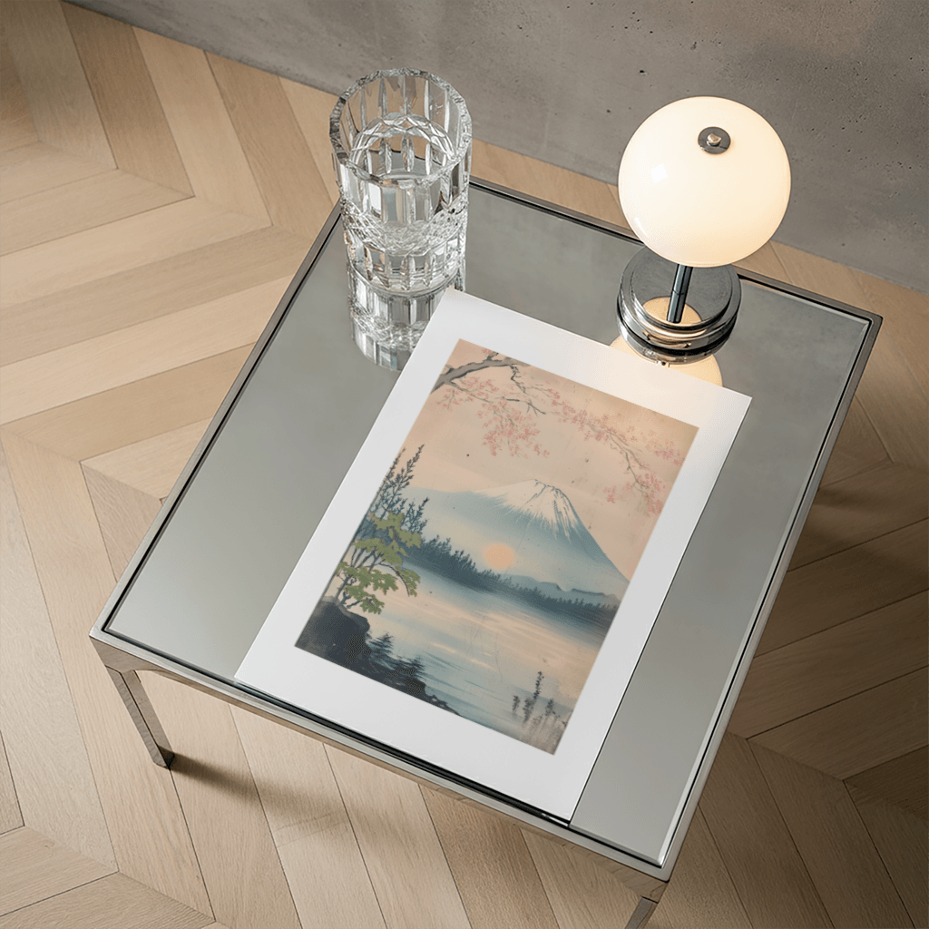 Mount Fuji Poster mit einem malerischen Blick auf den Berg und den See, umgeben von Kirschblüten.