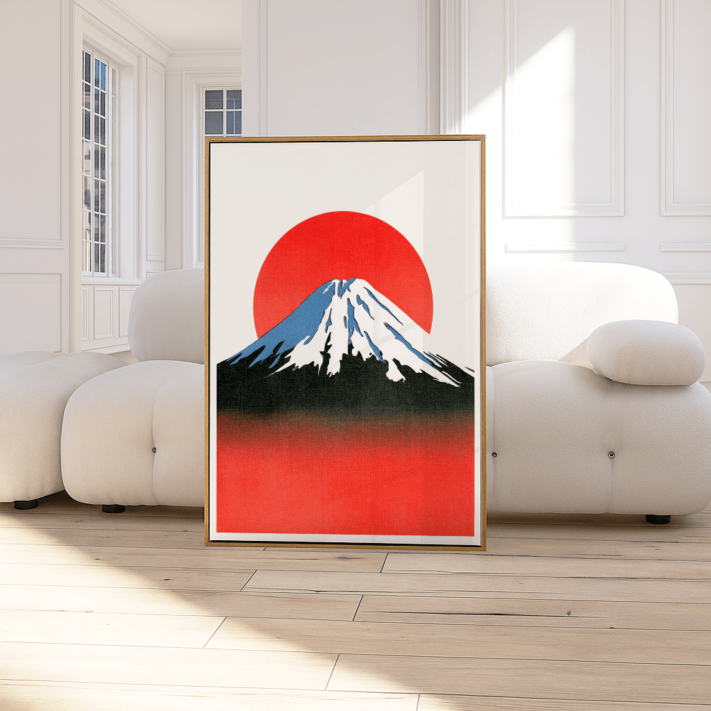 Mount Fuji Poster in minimalist design mit rotem Sonnenkreis im Hintergrund