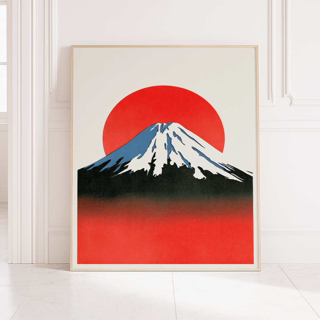 Künstlerischer Mount Fuji Poster mit roter Sonne und stilisiertem Bergdesign für moderne Einrichtung