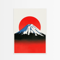 Mount Fuji Poster mit leuchtend rotem Sonnenkreis und schneebedecktem Gipfel in stilvollem Design