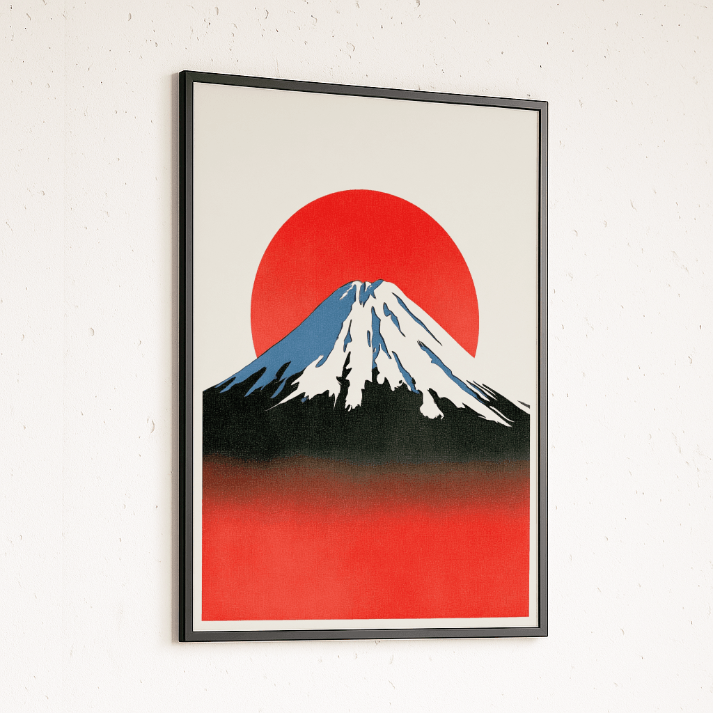 Mount Fuji Poster im stylischen Rahmen mit rotem Sonnenaufgang und schneebedecktem Gipfel