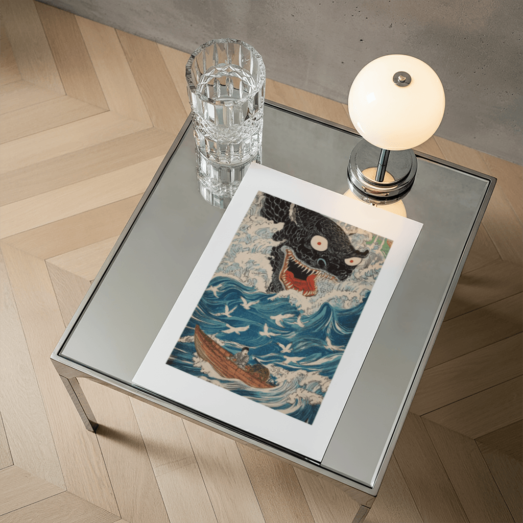 Mythologische Poster Wandkunst mit einem Drachen und einem Boot auf einer stürmischen See