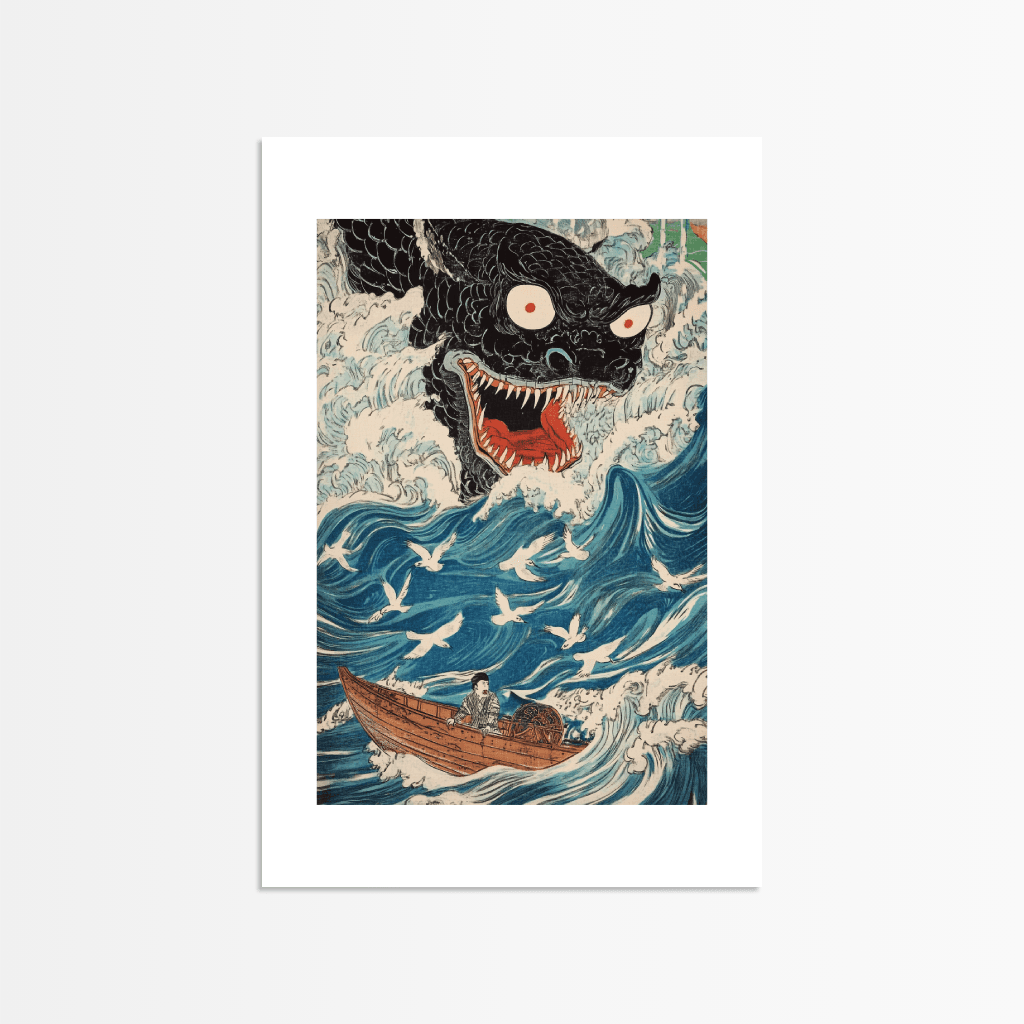 Mythologische Poster Wandkunst mit einem monströsen Seemonster, das ein Boot in stürmischer See bedroht
