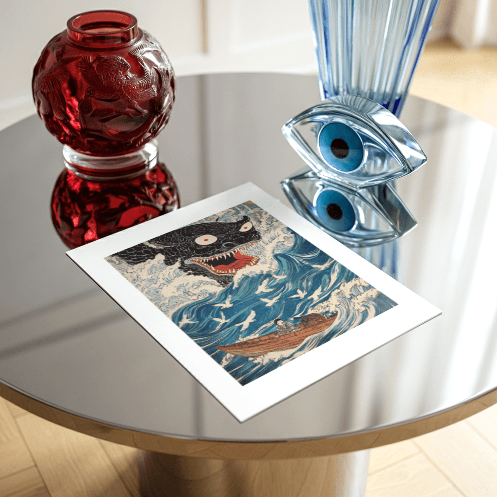 Mythologische Poster Wandkunst mit Drachen und Wellen auf einem Tisch in einem stilvollen Raum