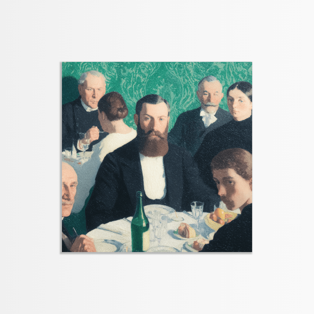 Old Money Poster mit einer eleganten Dinner-Szene und historischen Charakteren in feiner Kleidung