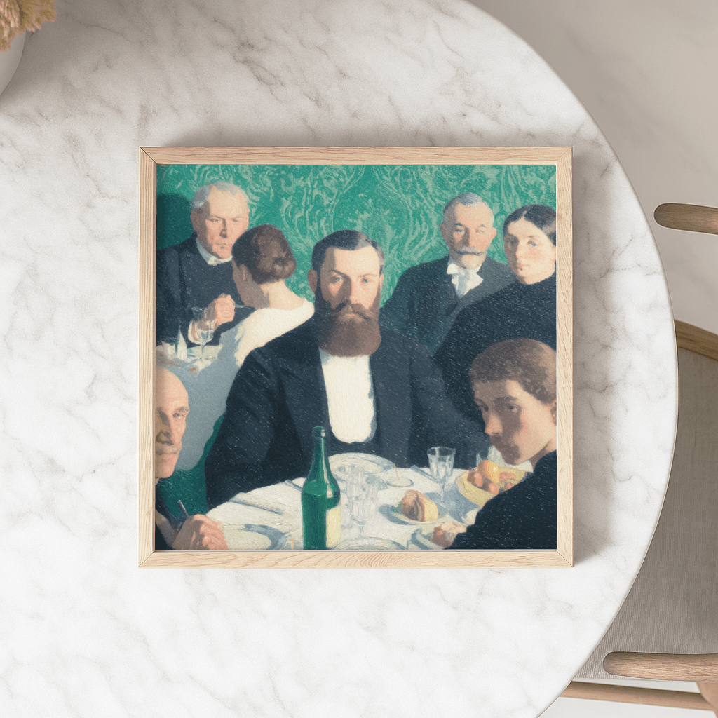 Old Money Poster im Rahmen, das ein elegantes Abendessen mit stilvoll gekleideten Gästen zeigt