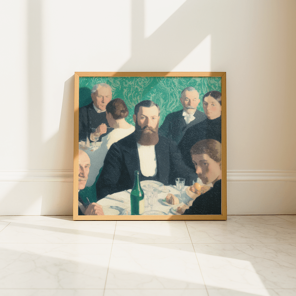 Old Money Poster mit eleganter Dinner-Szene und stilvollen Gästen im Vintage-Stil