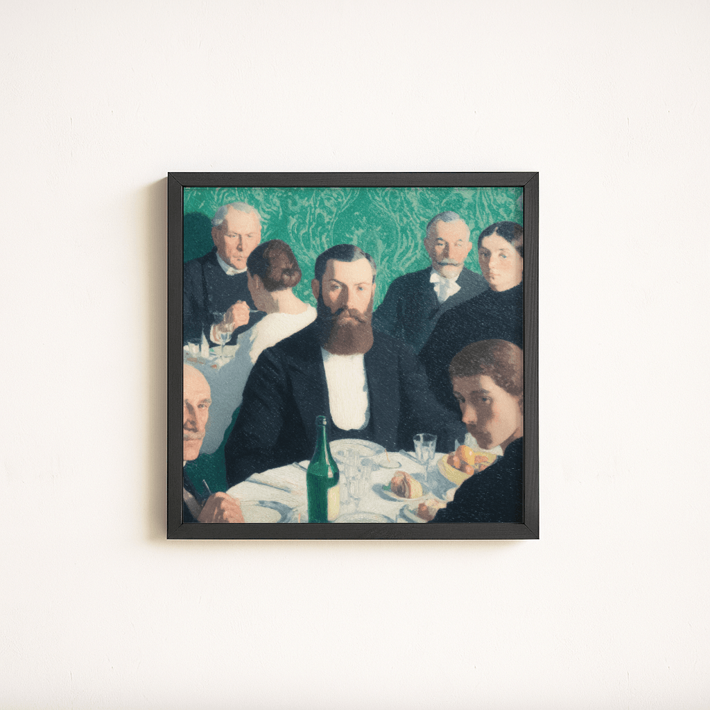 Old Money Poster im eleganten Rahmen mit einer gedämpften Dinner-Szene und stilvoll gekleideten Gästen