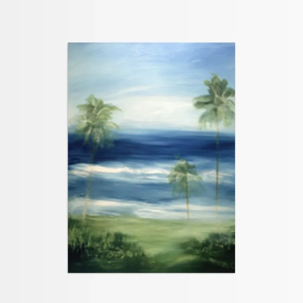 Fantasievoller Palmen Poster Wohnzimmer mit sanften Farben und Küstenlandschaft