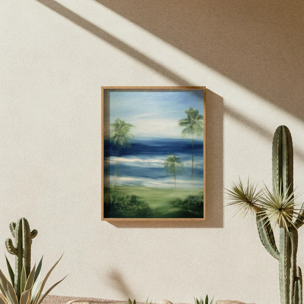 Palmen Poster Wohnzimmer mit einer beruhigenden Küstenlandschaft und sanften Farbtönen