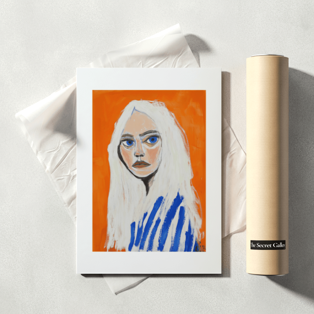 Porträt Kunstwerk von The Secret Gallery mit einer Frau mit langen weißen Haaren auf orangefarbigem Hintergrund