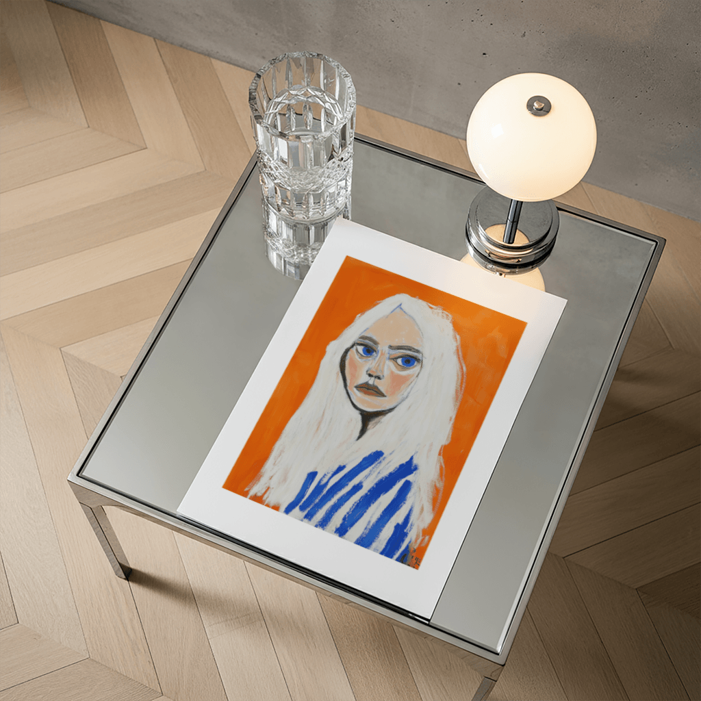 Porträt Kunstwerk von The Secret Gallery in lebendigen Farben auf einem Glastisch