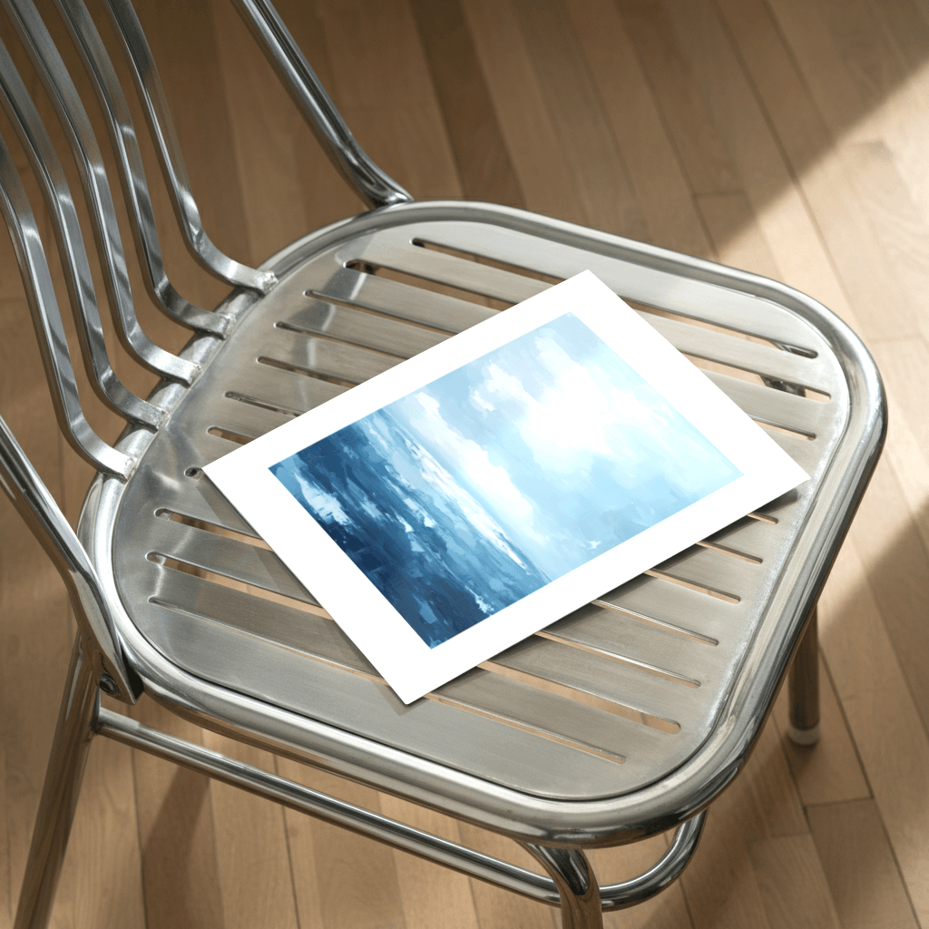 Poster abstrakte Wolkenlandschaft auf einem modernen Stuhl aus Metall platziert