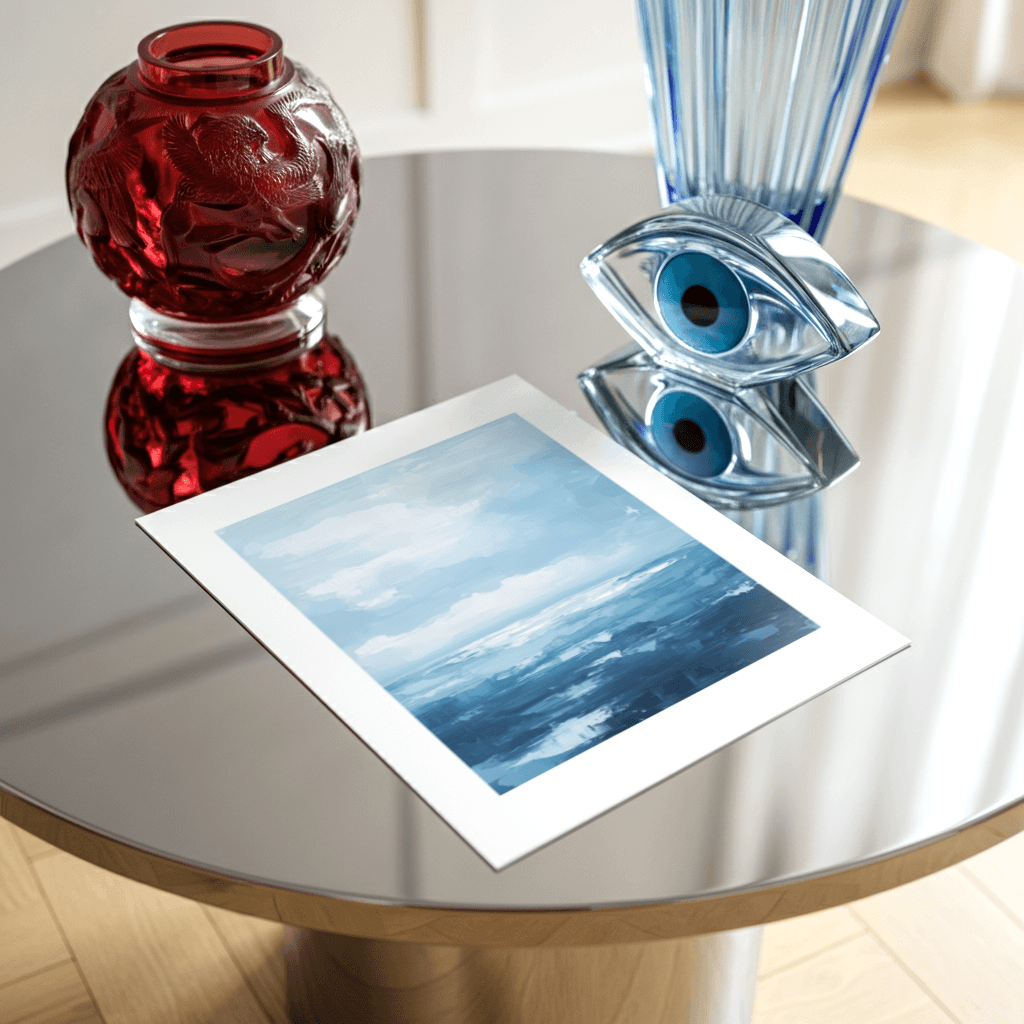 Poster abstrakte Wolkenlandschaft in sanften Blautönen auf einem Tisch mit Dekorationsobjekten