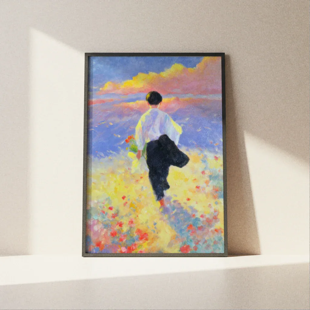 Poster Golden Path mit buntem Landschaftsmotiv und einer Person, die durch Blumen wandert