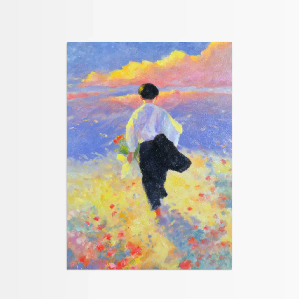 Poster Golden Path mit einer Person, die durch eine farbenprächtige Blumenlandschaft schreitet