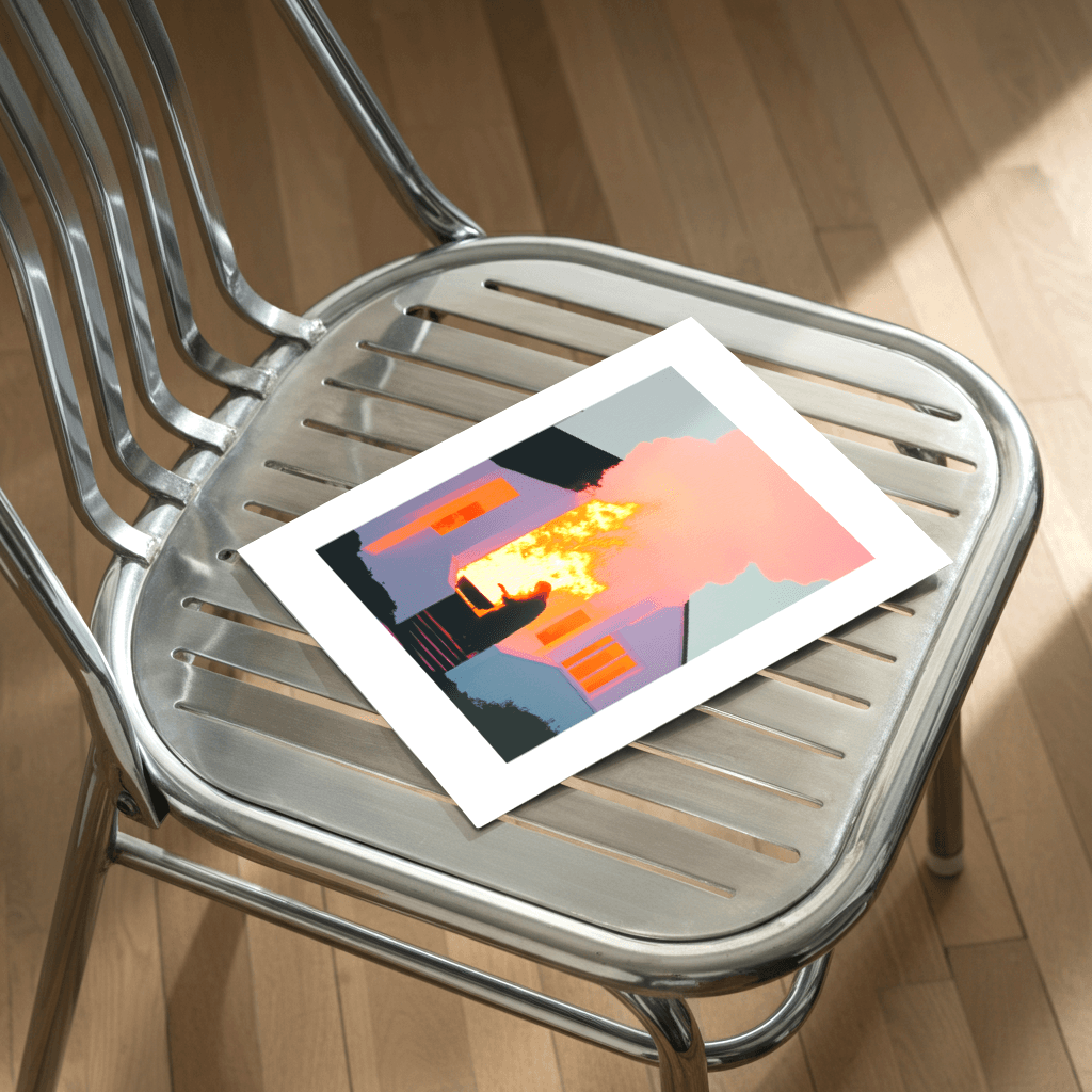 Kunst Poster Haus in Flammen auf einem Stuhl mit modernen Farben und stilvollem Design