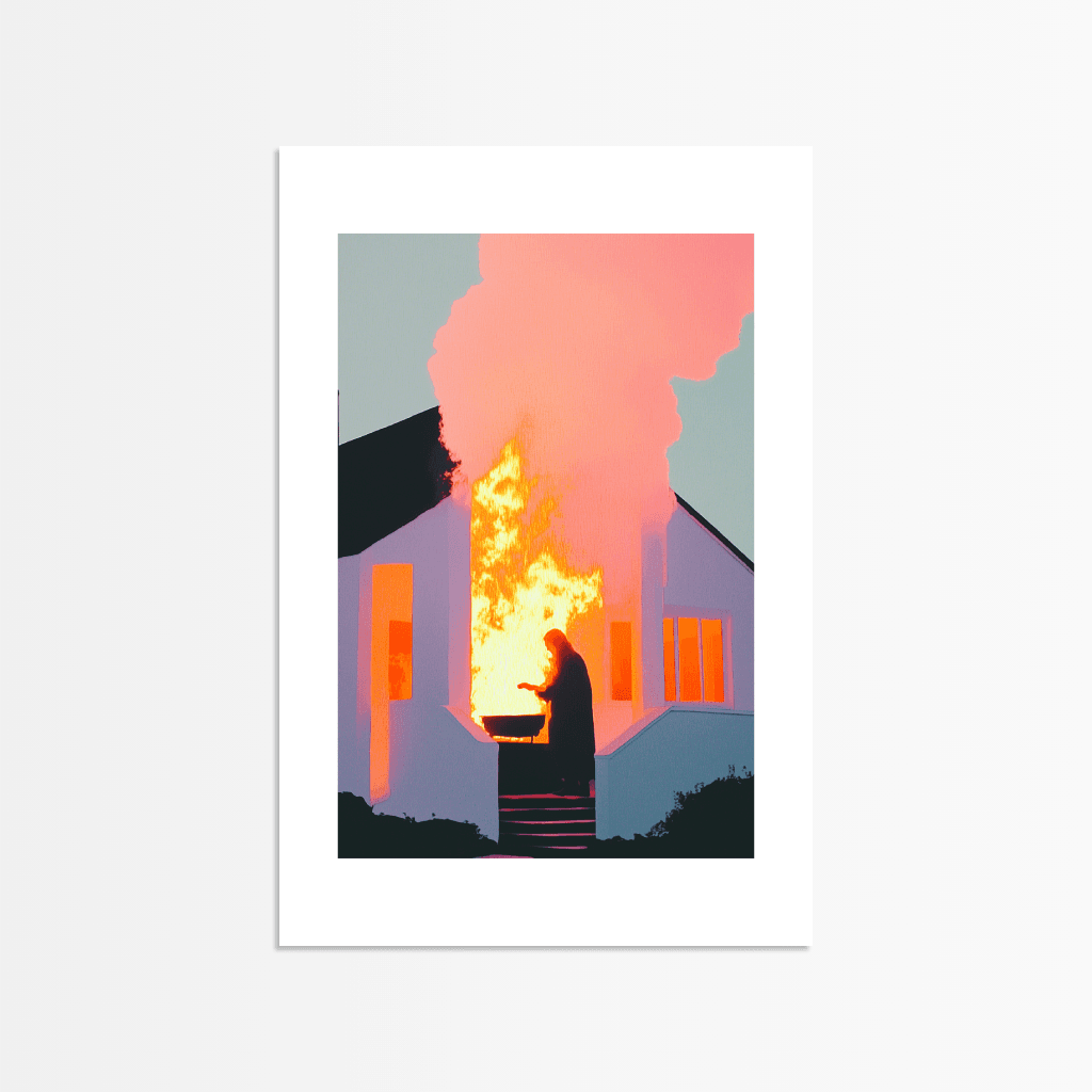 Künstlerisches Poster Haus in Flammen mit dramatischem Feuer und silhouettierter Figur im Vordergrund
