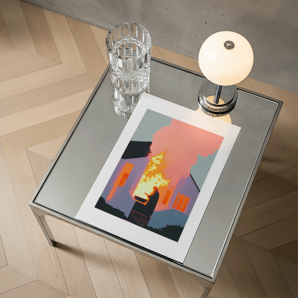 Poster Haus in Flammen mit einer silhouettierten Figur vor brennendem Gebäude auf einem Tisch