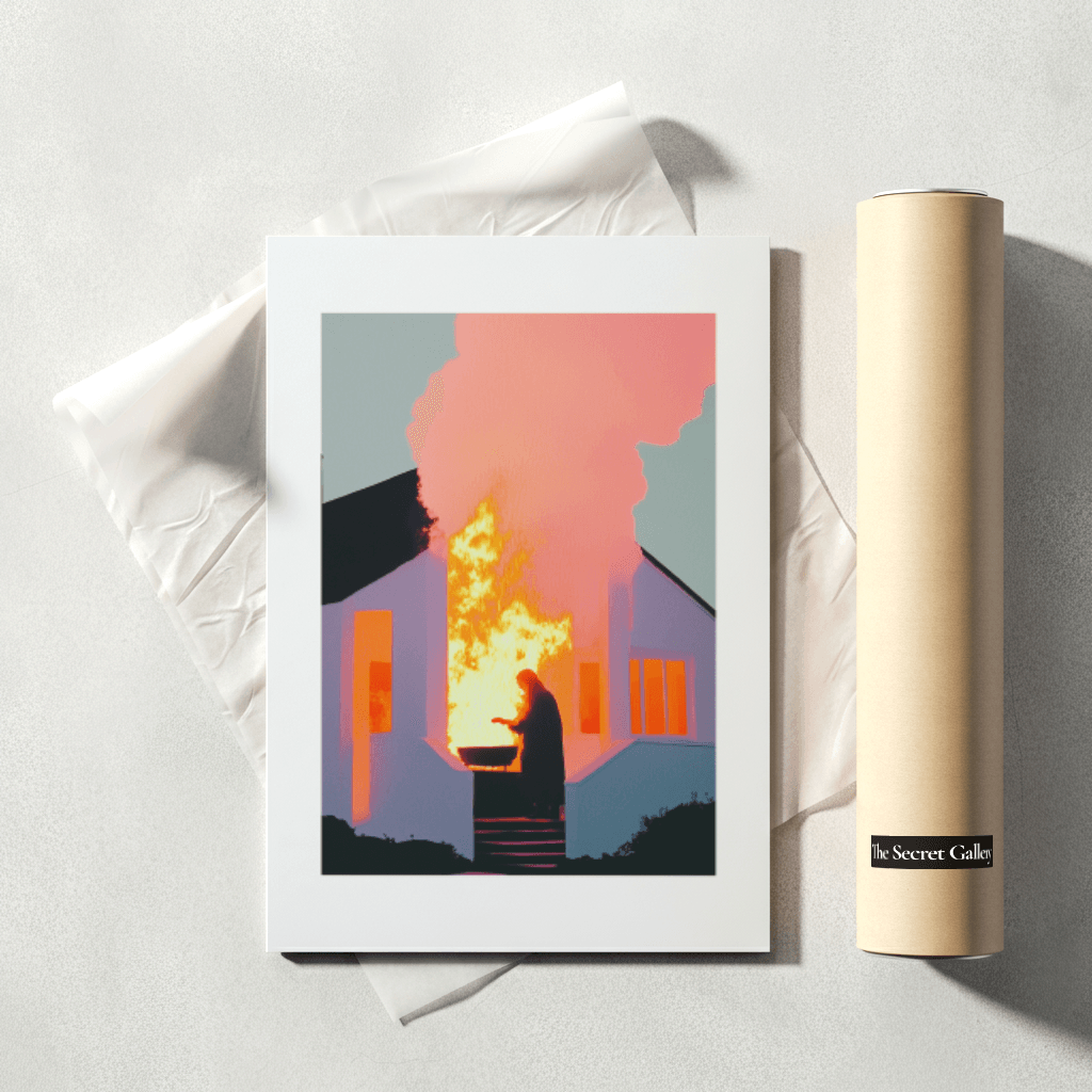 Kreativer Poster Haus in Flammen mit einer brennenden Silhouette und lebhaften Farben