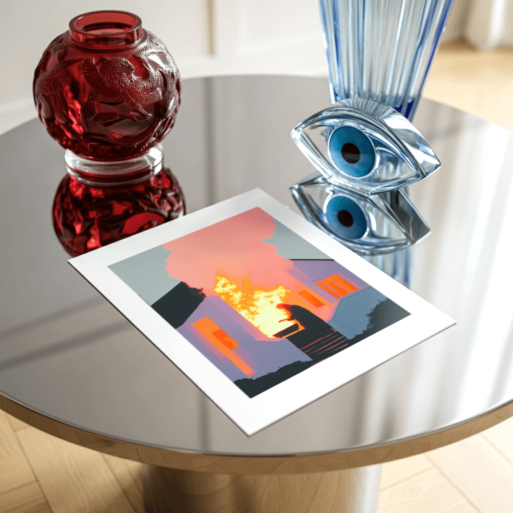 Poster Haus in Flammen mit lebendigen Farben und künstlerischer Darstellung auf einem Tisch