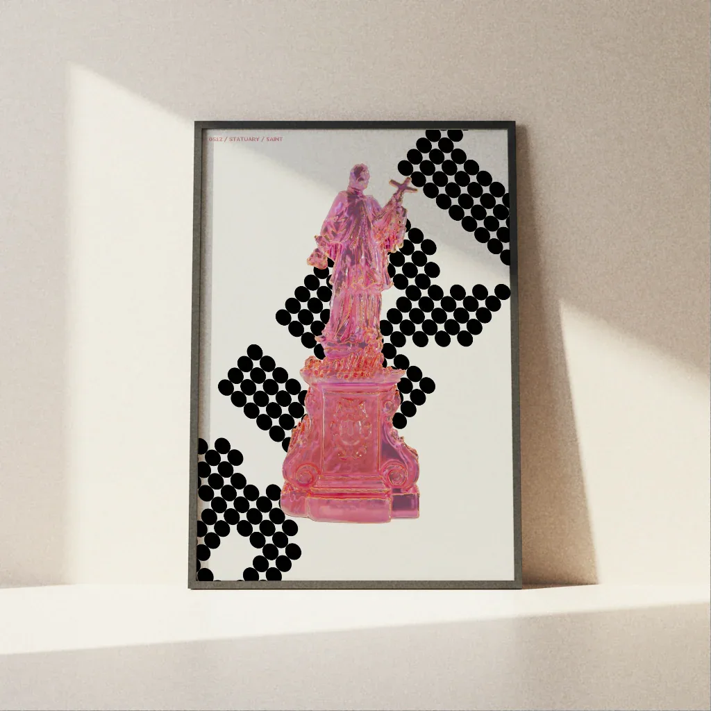 Moderner Poster Heiliger mit pinker Statue und geometrischem Schwarz-Weiß-Hintergrund