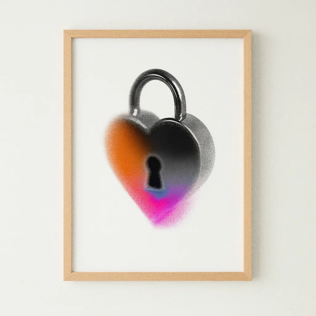 Poster Herzschloss mit einem grafischen Herzschloss und buntem Glüheffekt im modernen Design