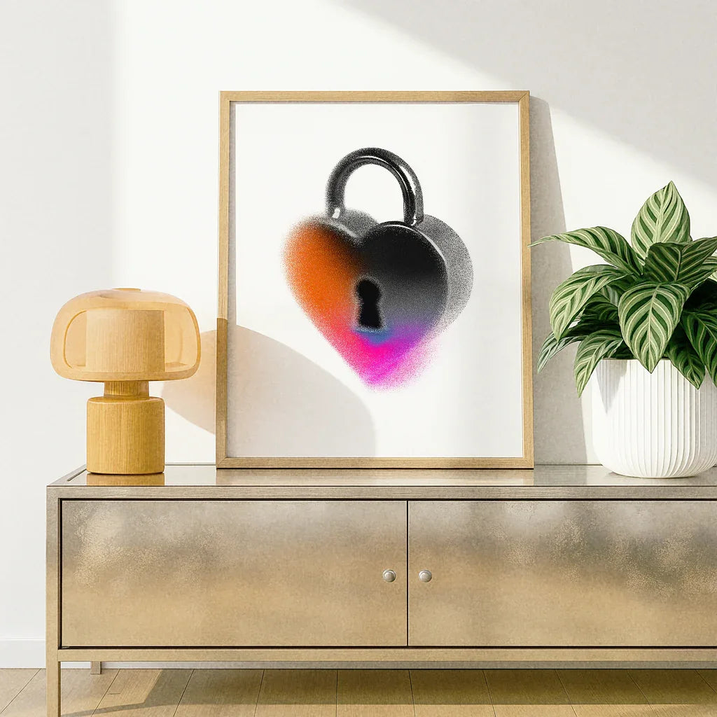 Poster Herzschloss mit buntem herzförmigem Schloss als dekoratives Element in modernem Wohnraum