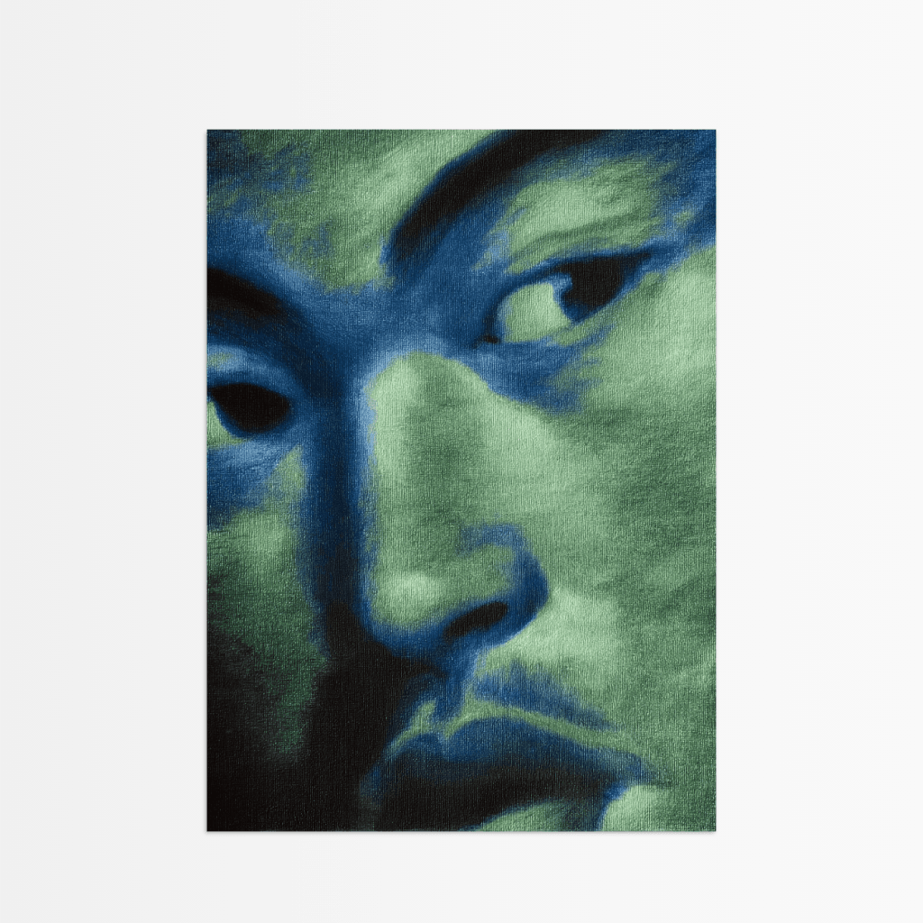 Plakat modernes Gesichtsmotiv in Blau- und Grüntönen von The Secret Gallery