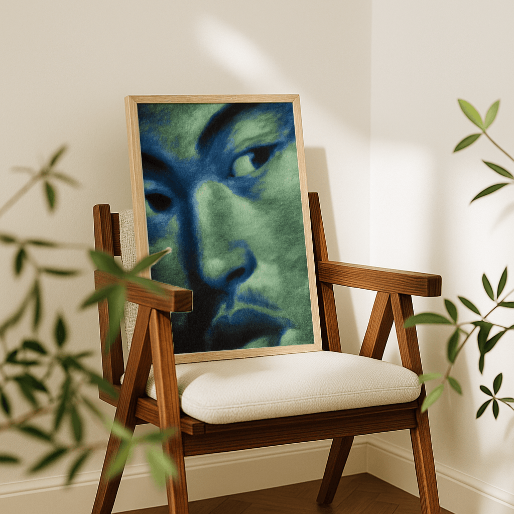 Poster modernes Gesichtsmotiv in sanften Blau- und Grüntönen, präsentiert auf einem Holzstuhl